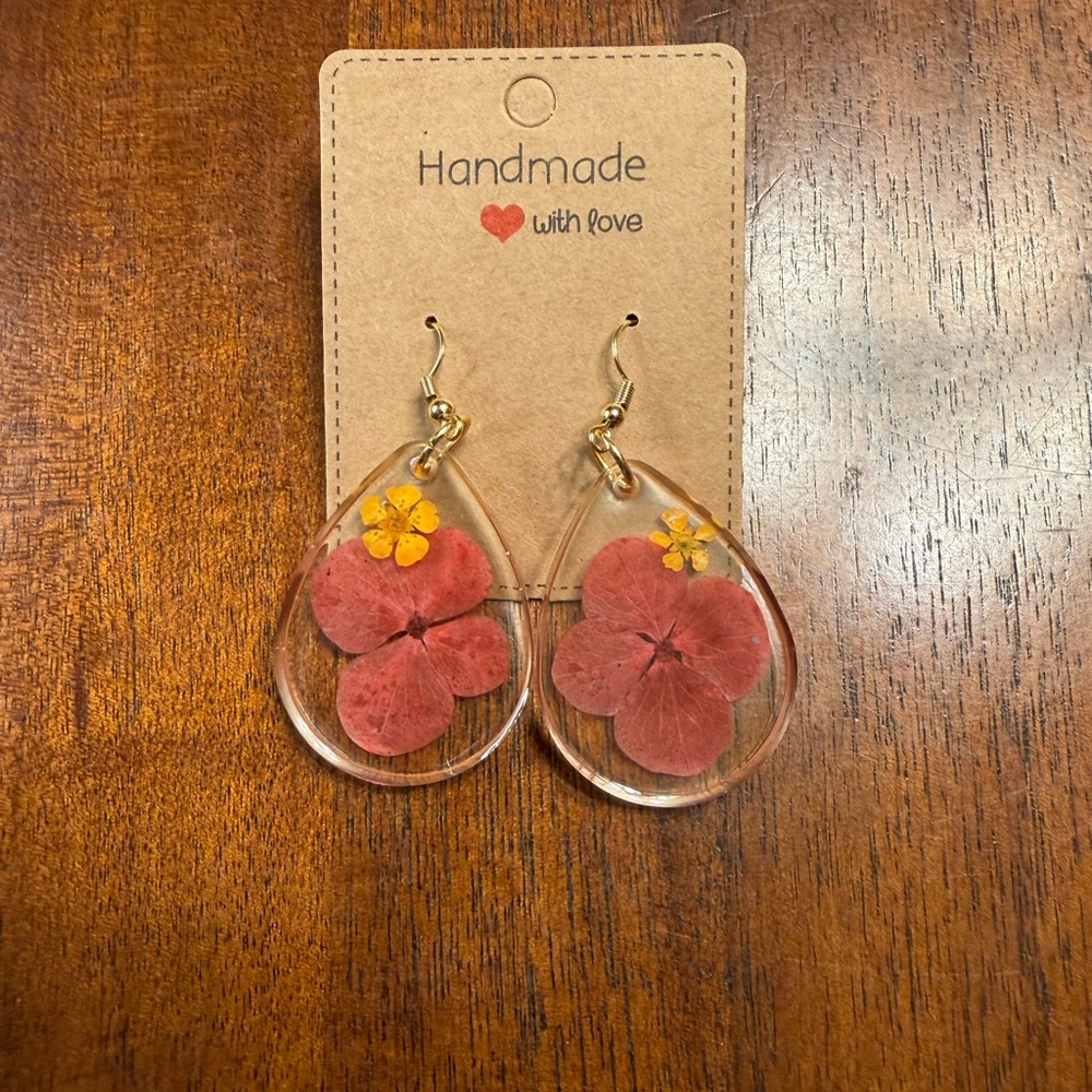 Handmade Floral Teardrop Earrings - Red and Yellow